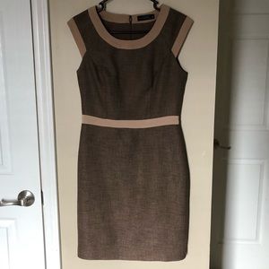 Brown Tweed Print & Tan Cap Sleeve Dress